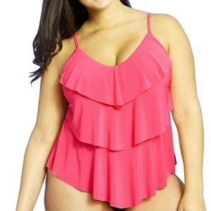Bright Pink Tiered Tankini Top -Plus 16W, 20W, 26W